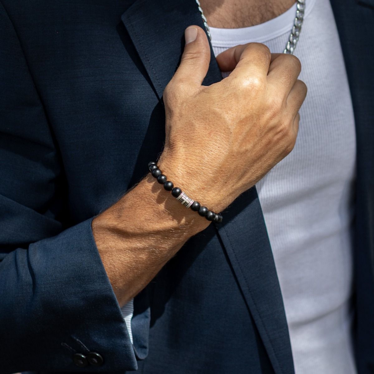 Onyx Bracelet for Men (Cross Silver Charm, Black Onyx) - Talisa