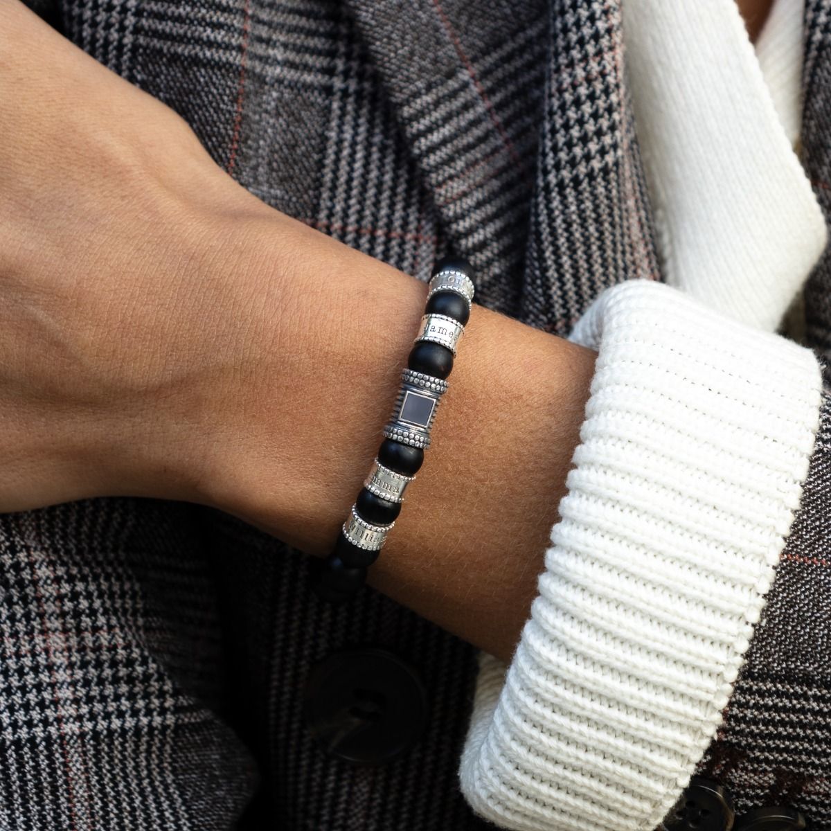 Bracelet Onyx Noir Prénoms pour Femme Avec Nano Bible [Argent 925]