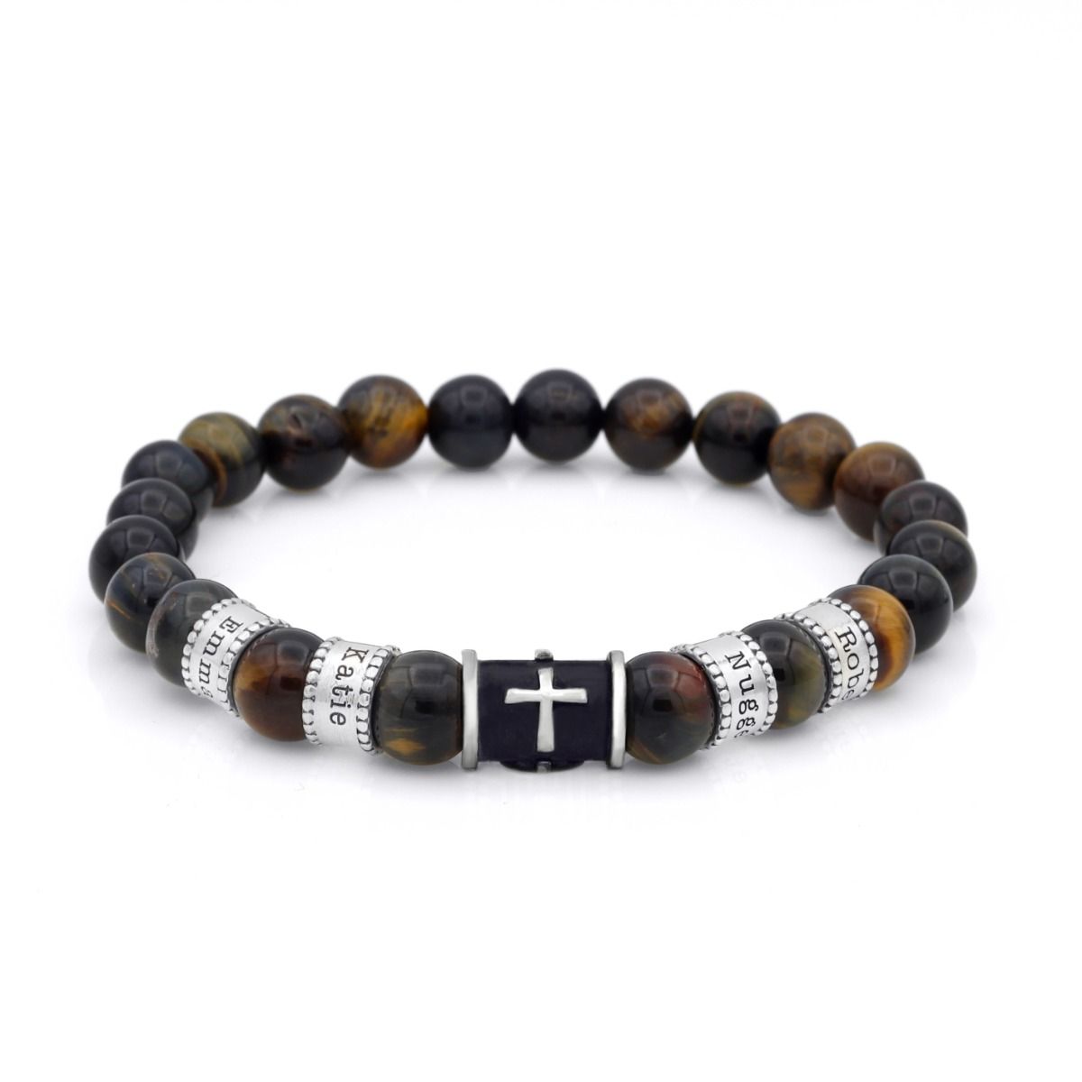 Black Cross Bracelet with Kid's Names - Green Tiger Eye Bracelet