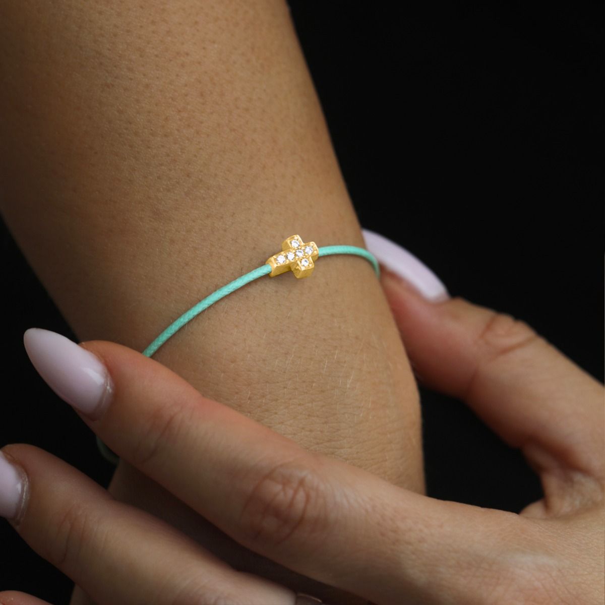 Crystal Cross Bracelet - Green Cord [18K Gold Plated]