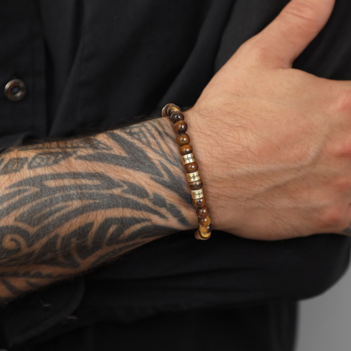 Brown Tiger Eye Men Name Bracelet - 10 Karat Gold