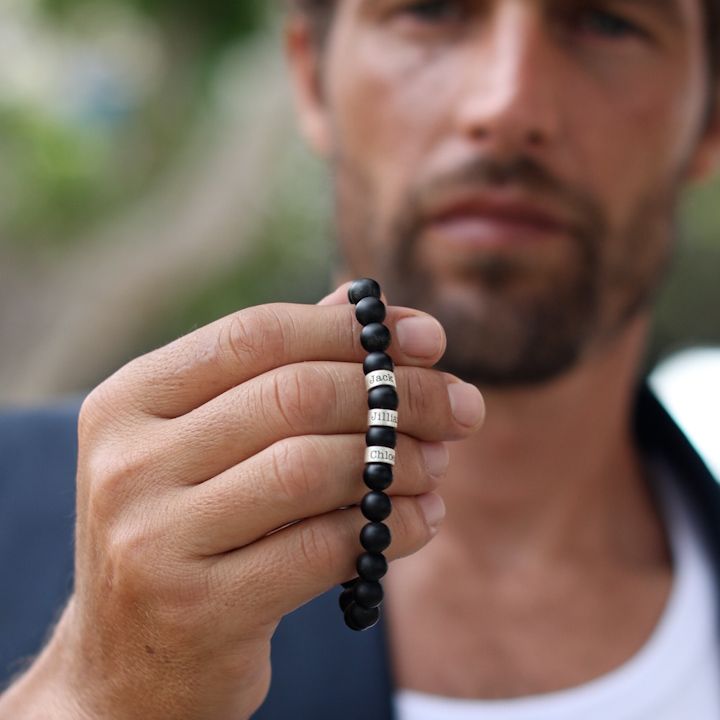 MIGATI Braccialetto Con Iniziale In Onice Nero Personalizzato - Regalo Per Donne E Uomini, Elastico, Antistress