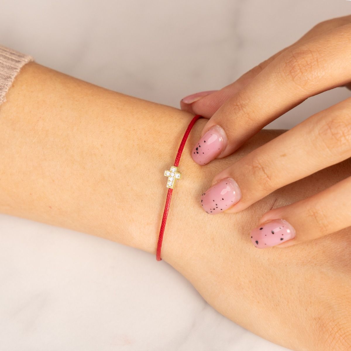 Crystal Cross Bracelet - Red Cord [18K Gold Plated]