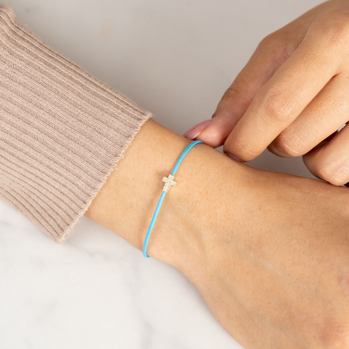 Crystal Cross Bracelet - Turquoise Cord [18K Gold Plated]