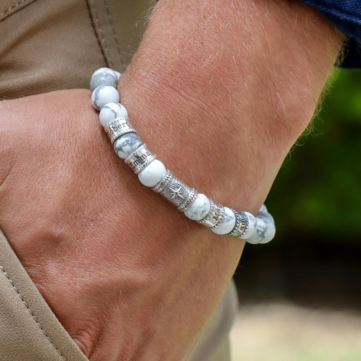 Compass Men Name Bracelet with Howlite Stones