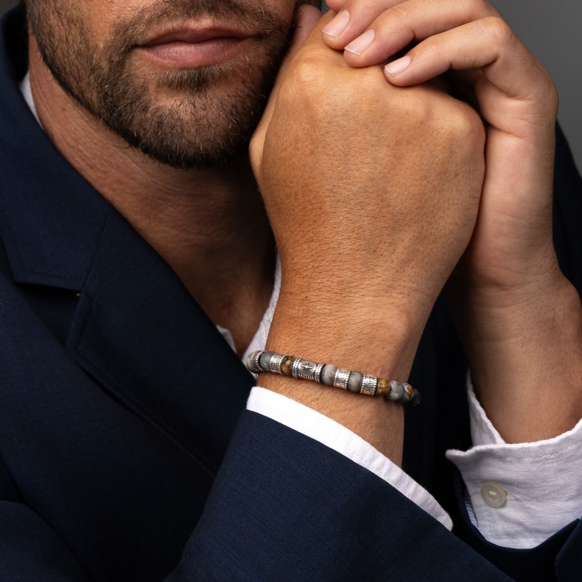 Compass Men Name Bracelet with Picasso Jasper Stones 