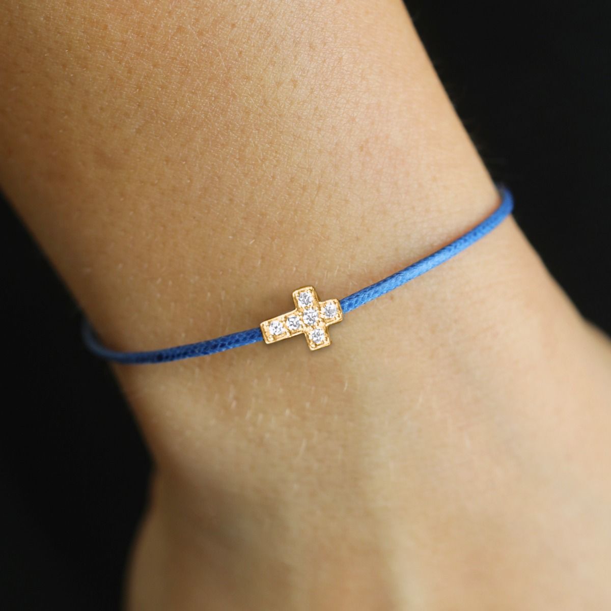 Crystal Cross Bracelet - Blue Cord [18K Gold Plated]