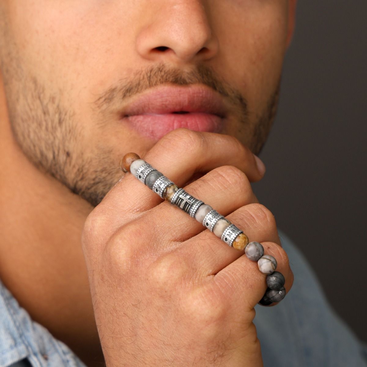 Cross Diamond Men Name Bracelet - Picasso Jasper [Sterling Silver]