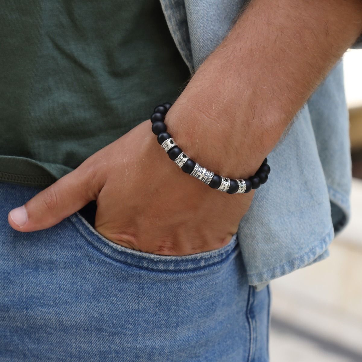 Cross Men Name Bracelet with 0.20 ct Black Diamonds - Black Onyx