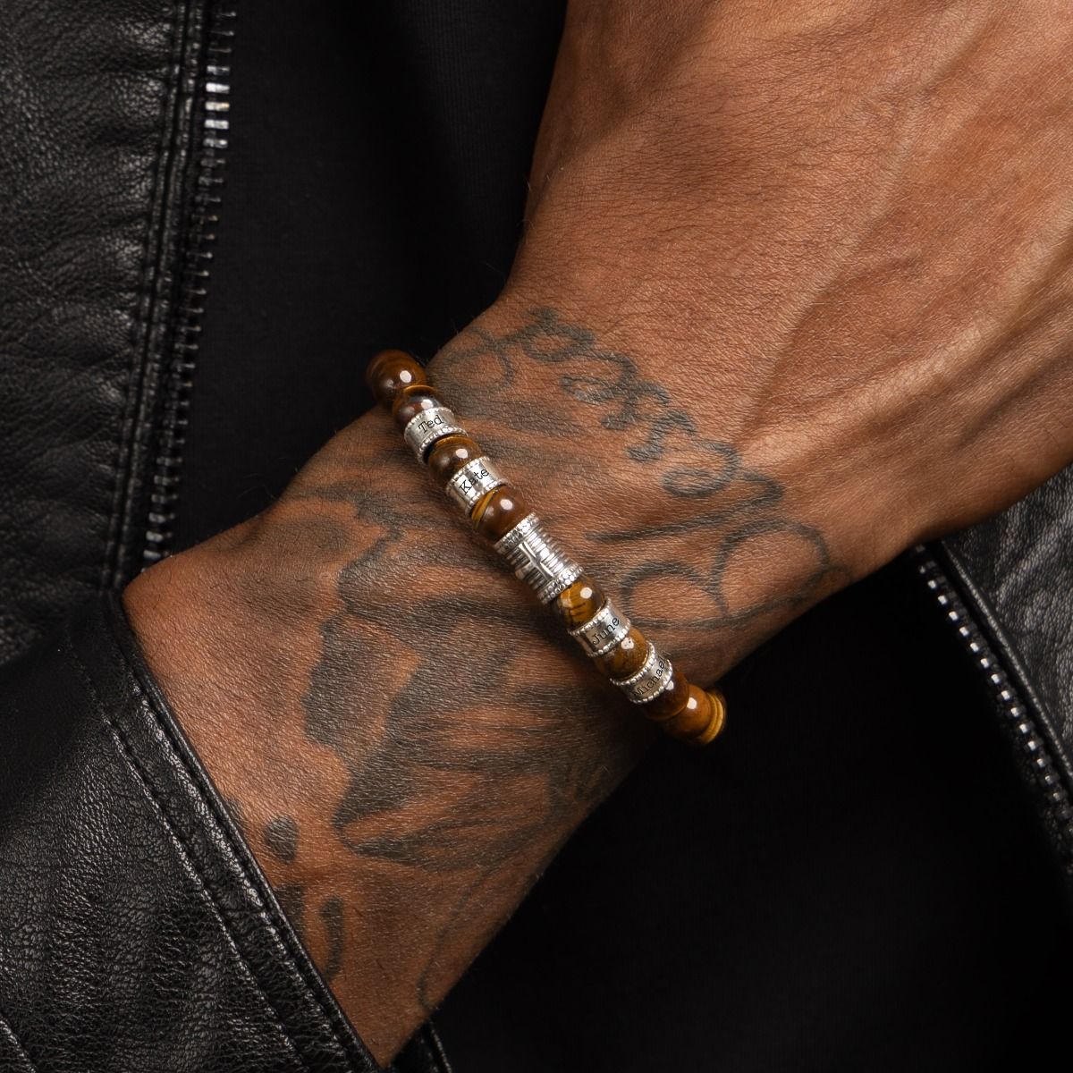 Cross Men Name Bracelet with Brown Tiger Eye Stones 