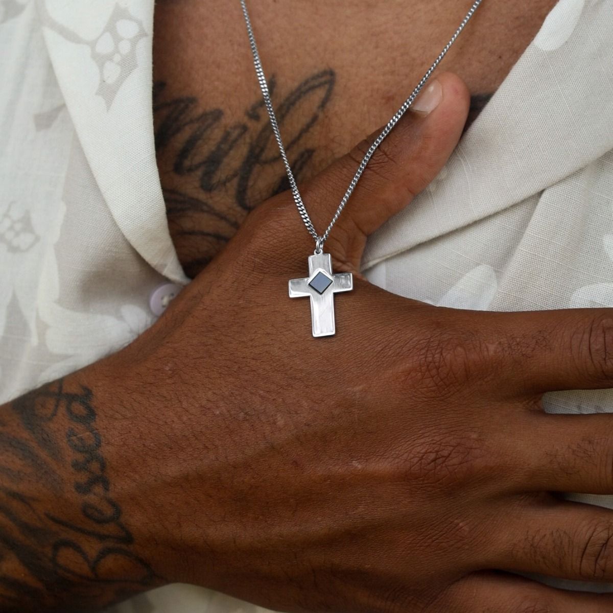 Collier Croix avec Nano Bible pour Homme - Argent 925