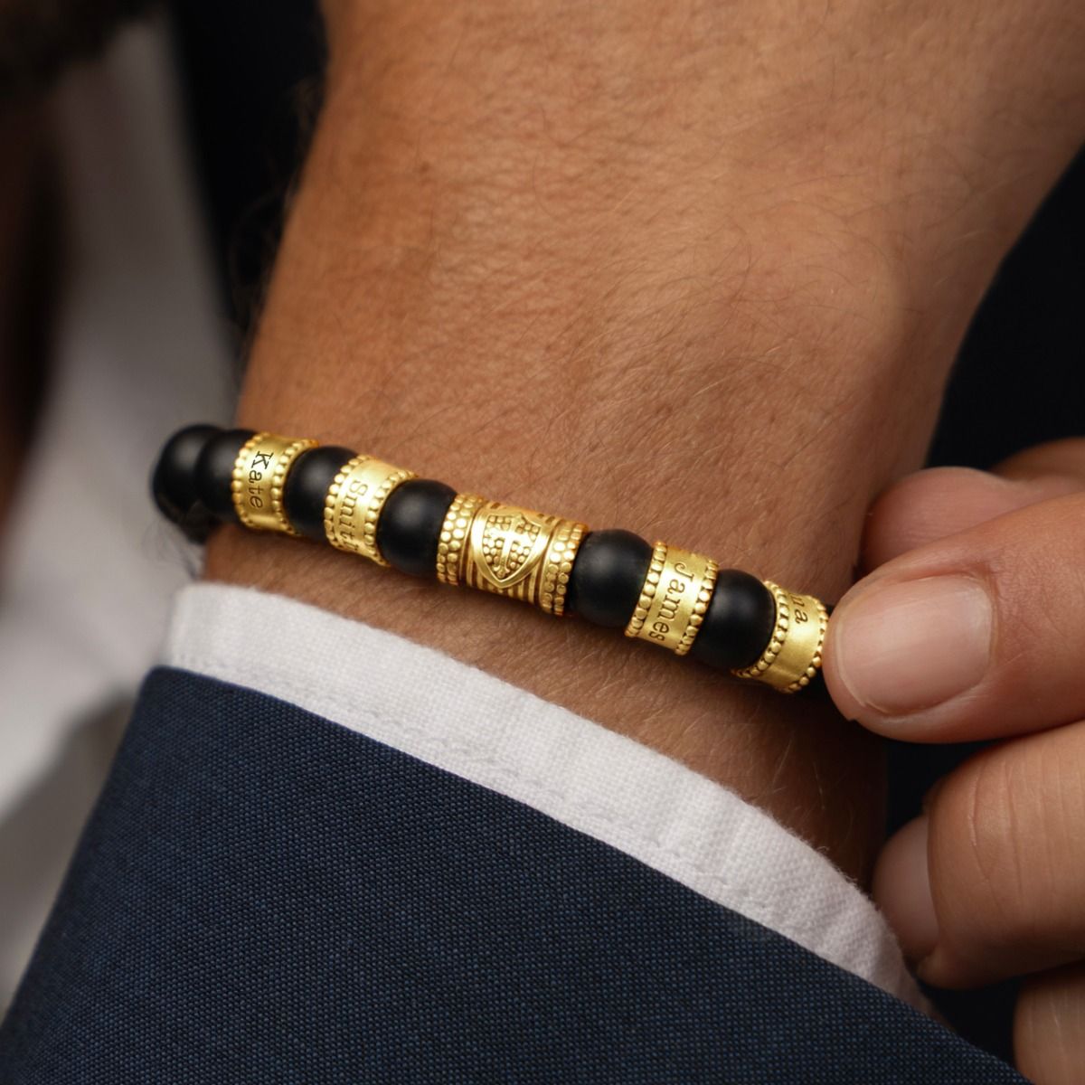 Shield Men Name Bracelet With Black Onyx Stones [18K Gold Vermeil]