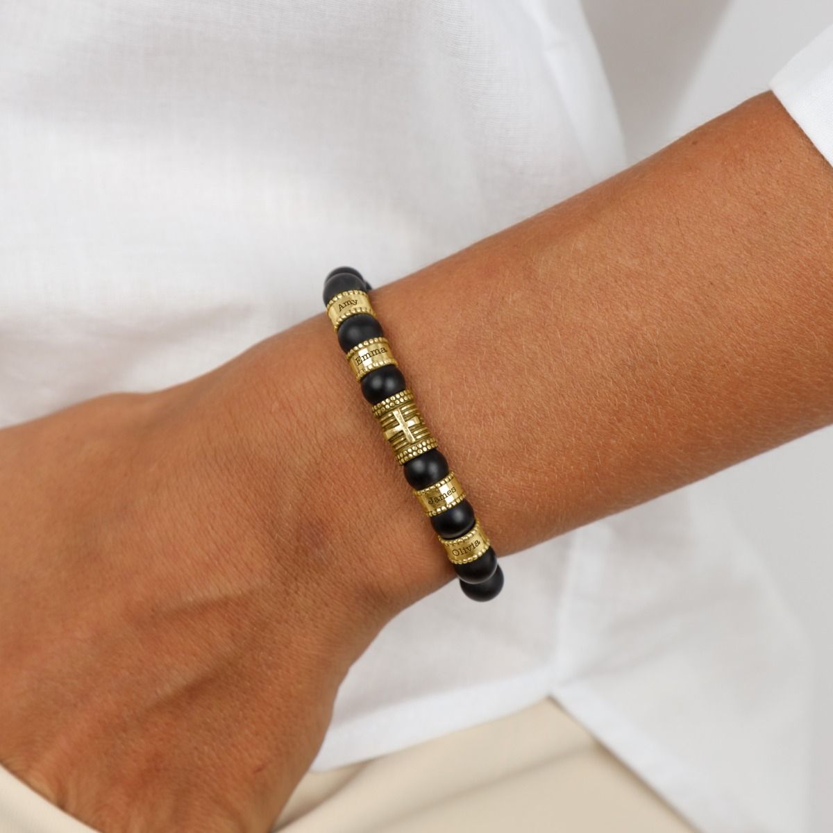 Cross Women Name Bracelet With Black Onyx Stones [18K Gold Vermeil]
