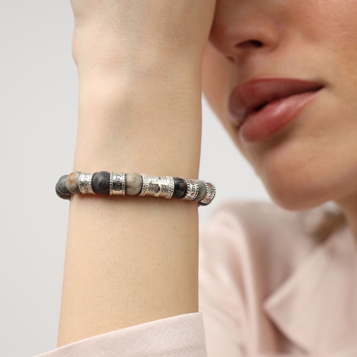 Cross Women Name Bracelet With Picasso Jasper Stones [Silver]