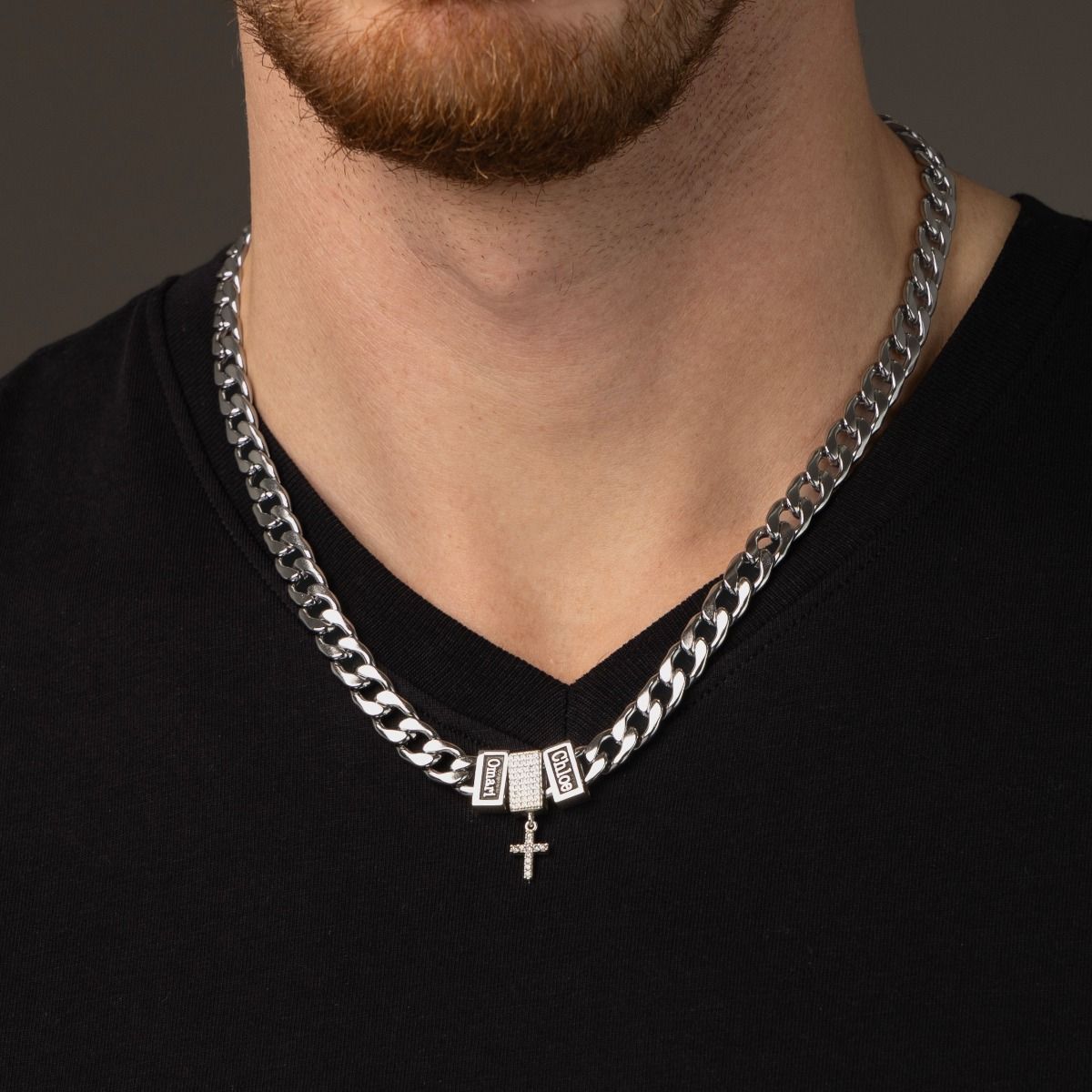 Crystal Cross Cuban Link Chain with Names