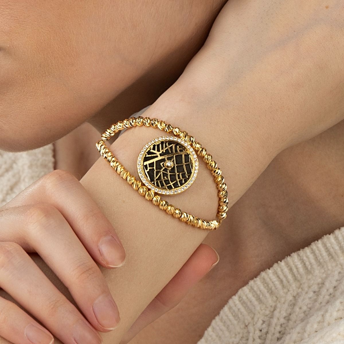 Bracelet Carte Silhouette avec Point en Cristal - Plaqué Or 18ct