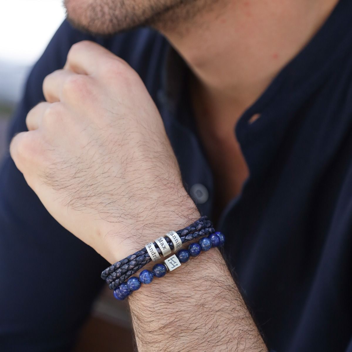 Stylish Blue Denim with Silver Leather with Strips and Silver Bead Cruz Denim Bracelet, Sterling Silver | Men main image 3