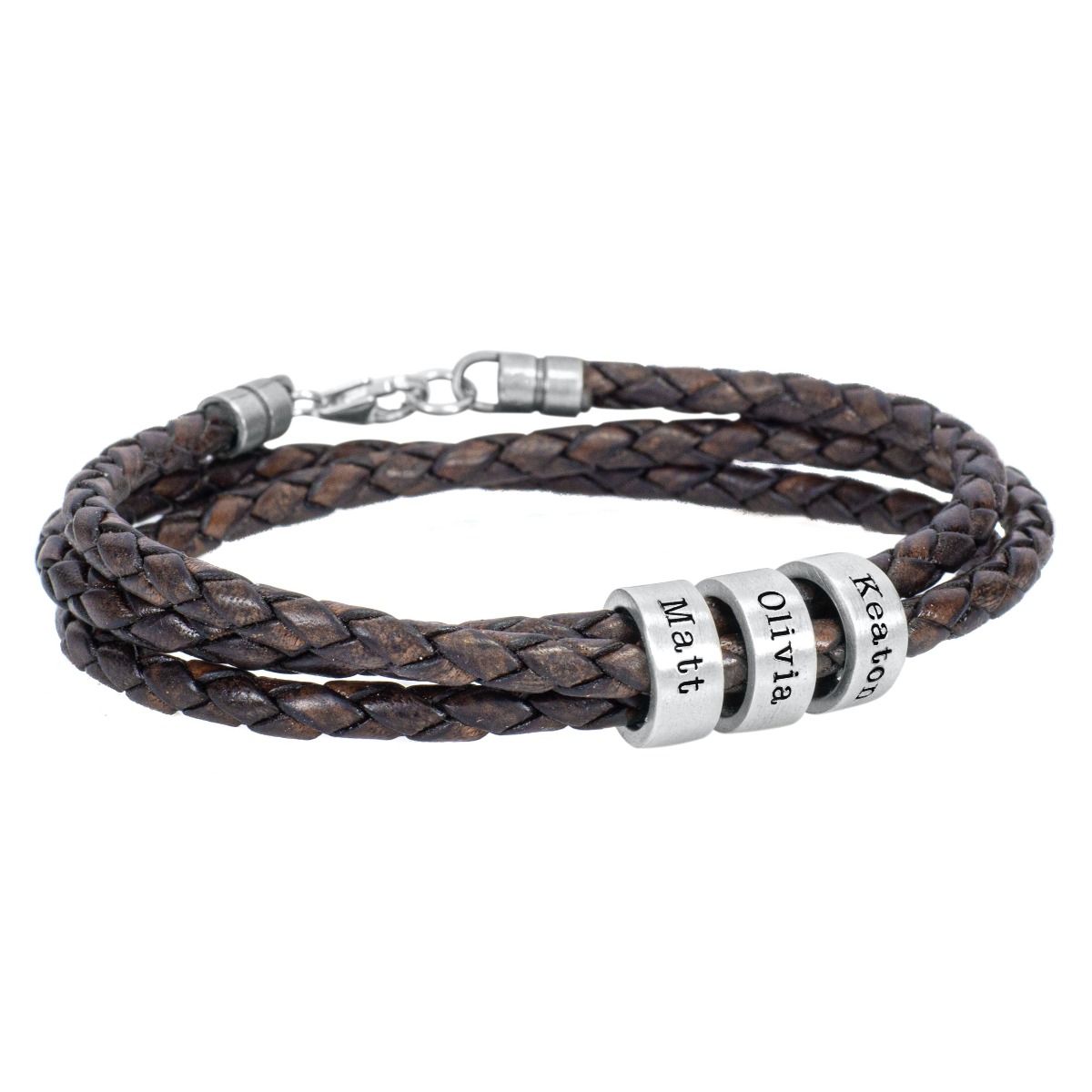Naam Armband met Gegraveerde Kralen - Sterling Zilver [Bruin Leer]