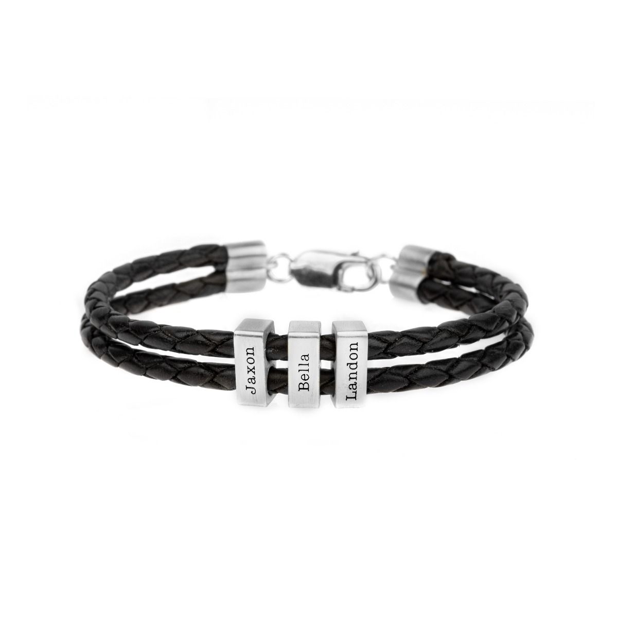 Bracelet Cuir Double avec Prénoms Gravés - Argent 925