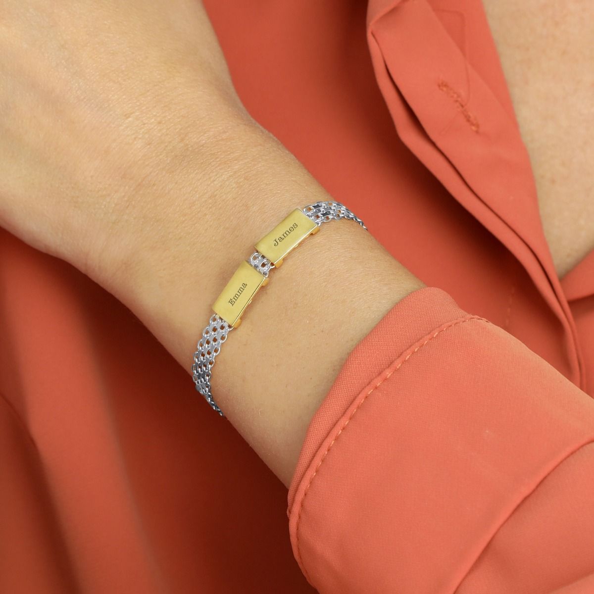 Milanese Chain Engraved Bracelet with 14K Gold names