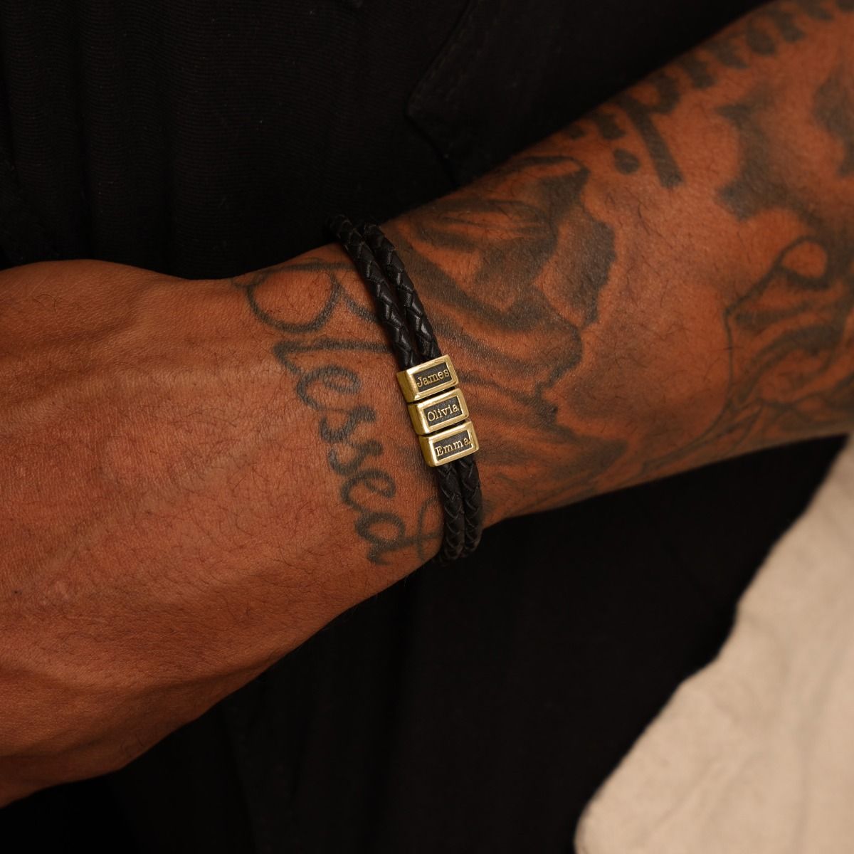 Leather Bracelet with Engraved Names for Men - 18K Gold Plated