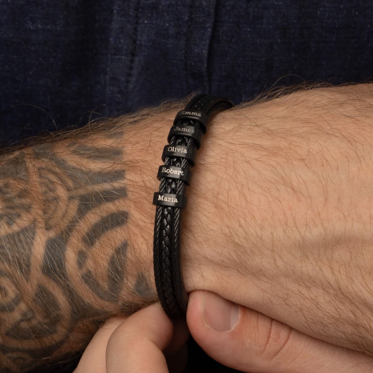 Pulsera Trenzada Grabada para Hombres - Cuero Negro