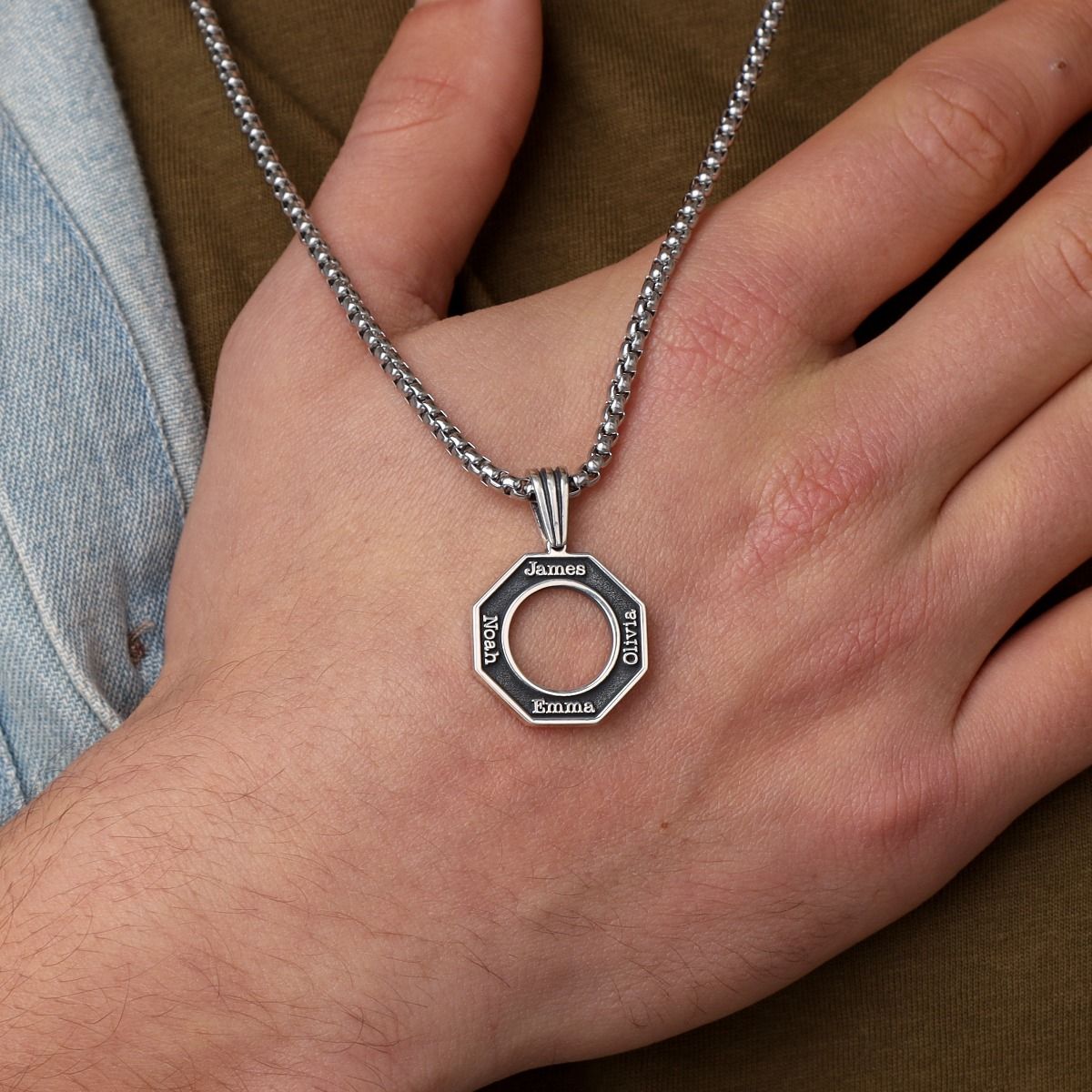 Open Achthoek Mannen Naam Ketting - Sterling Zilver