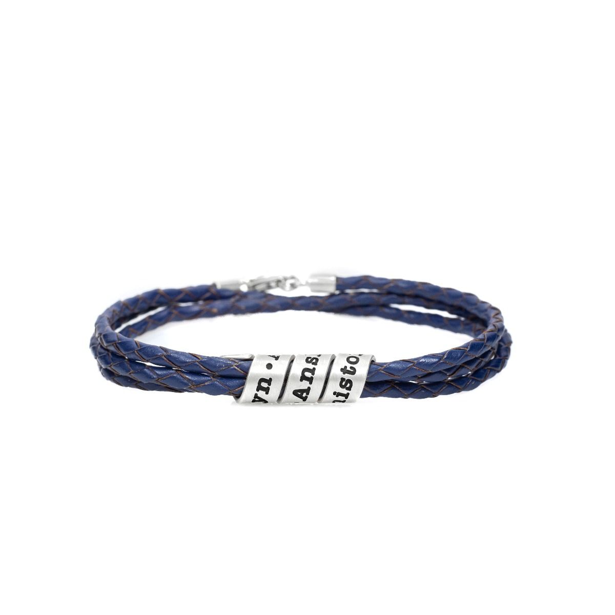 Men Navy Blue Bracelet with Engraved Wrap Sphere in Silver