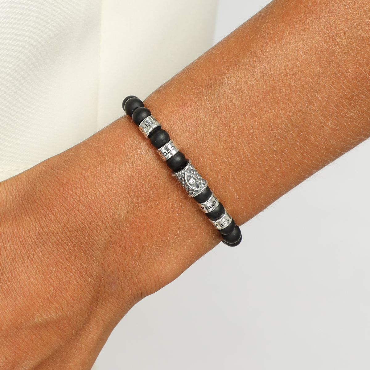 Black Onyx Evil Eye Women Name Bracelet - White Stone [Sterling Silver]