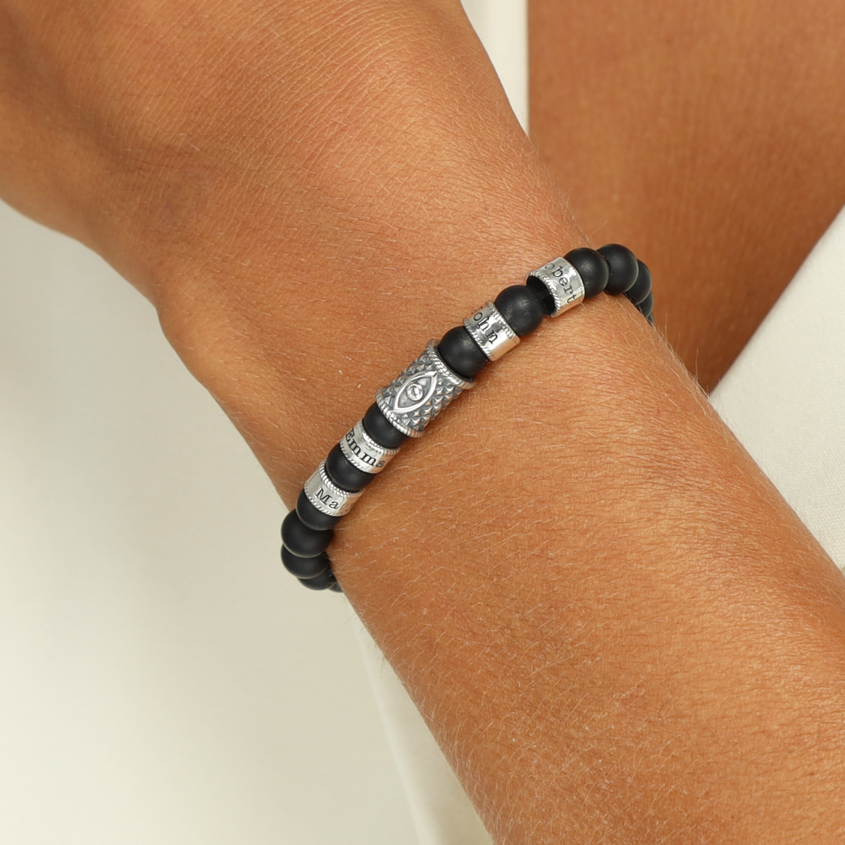 Black Onyx Evil Eye Women Name Bracelet With Diamond [Sterling Silver]