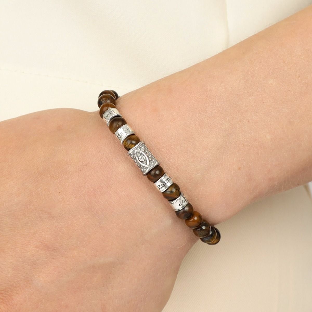 Bracciale di Pietra Occhio di Tigre Marrone con Ciondolo di Malocchio da Donna con Nome e Diamante [Argento 925]