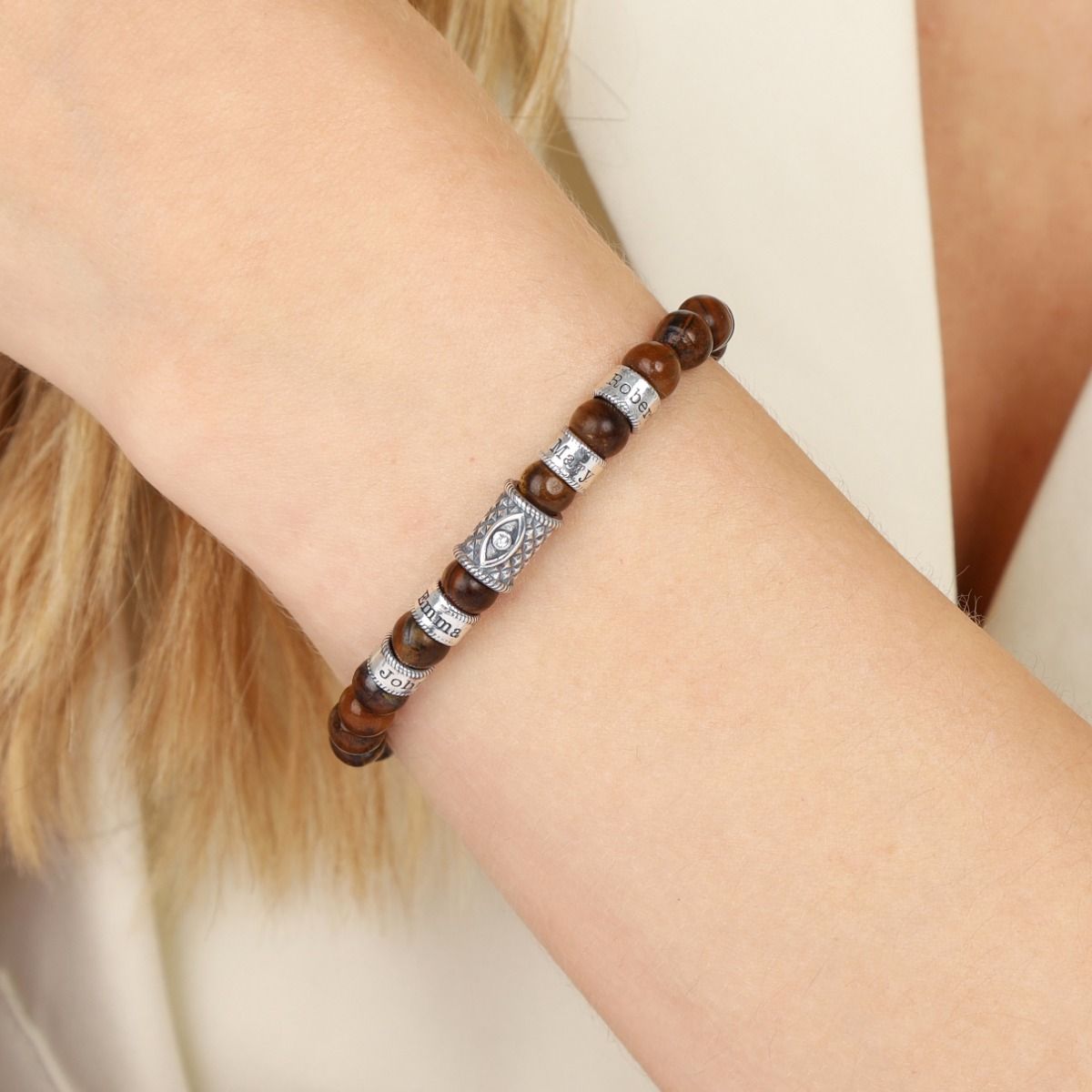 Brown Tiger Evil Eye Women Name Bracelet [Sterling Silver]