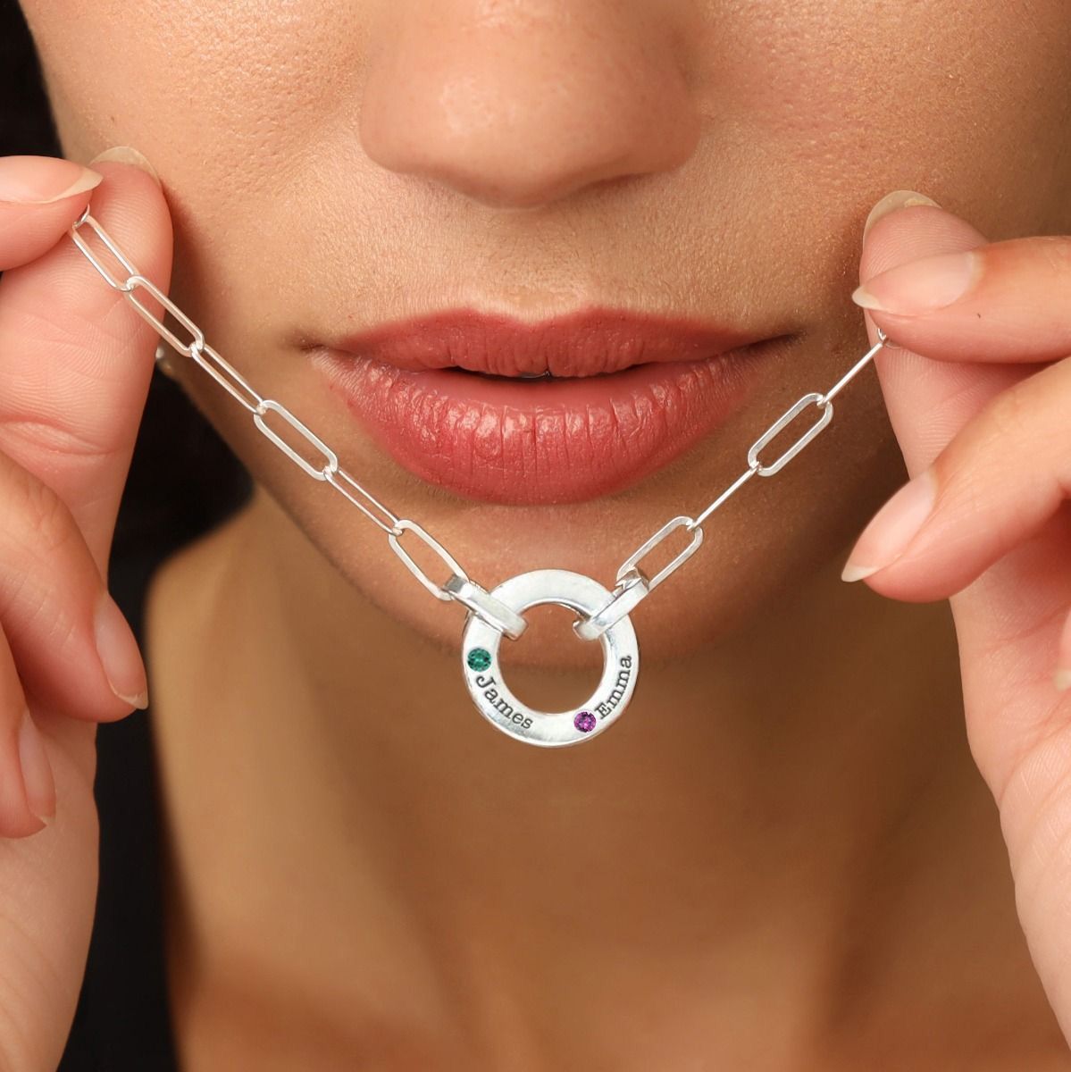 Familienkreis Ankerkette mit Geburtssteinen und Gravur [Sterlingsilber]