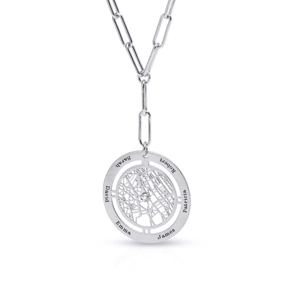 Family Circle Map Name Necklace - Styled Link Chain [Sterling Silver]