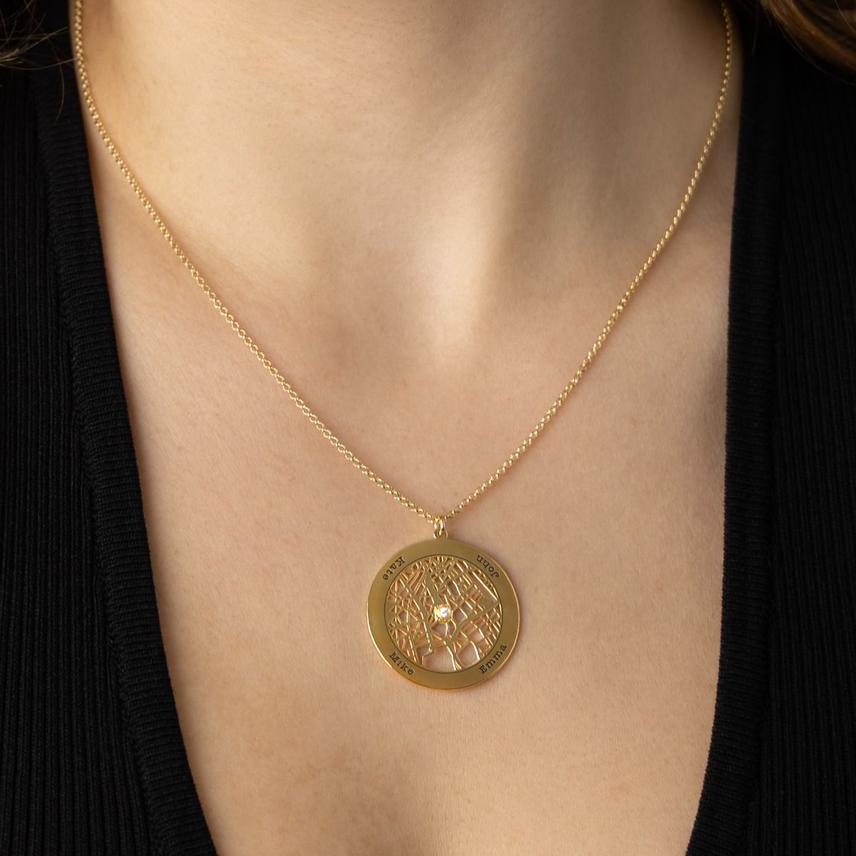 Family Circle Map Necklace with Names [14 Karat Gold]