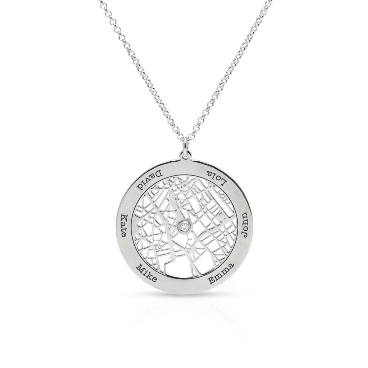 Family Circle Map Name Necklace [14 Karat White Gold]