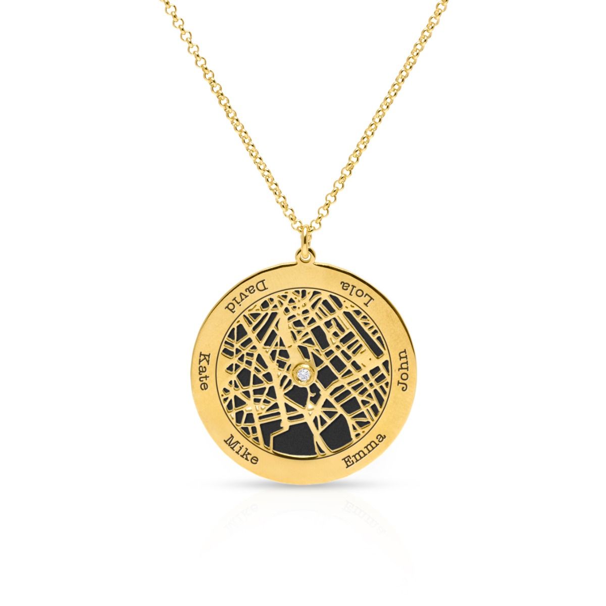 Family Circle Silhouette Map Necklace with Names [14 Karat Gold]