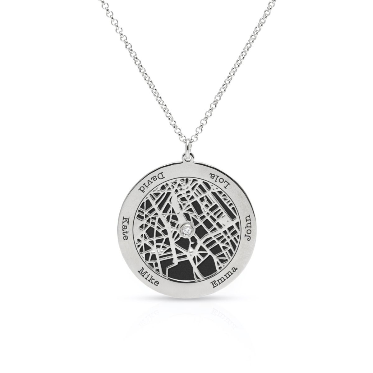 Family Circle Silhouette Map Necklace with Names [14 Karat White Gold]