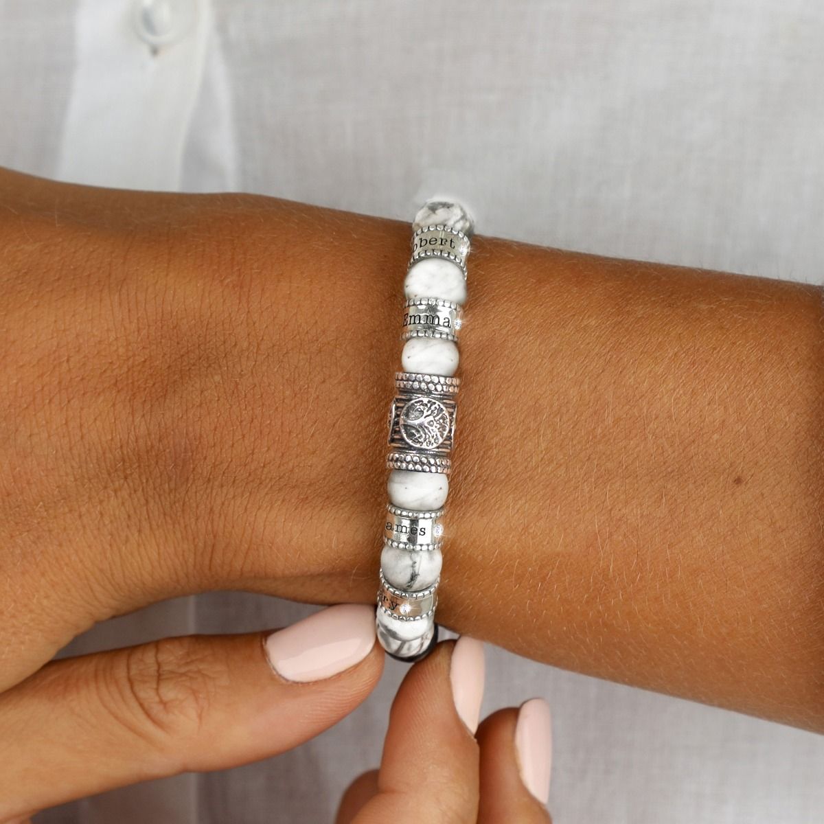 Family Tree Diamond Name Bracelet - Howlite [Sterling Silver]