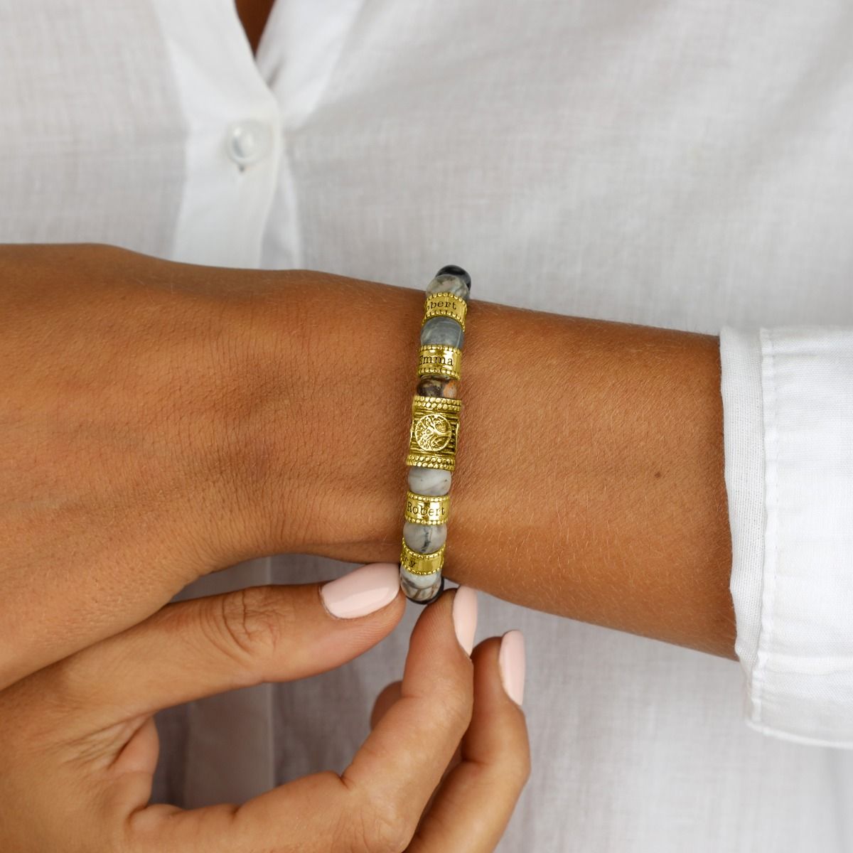 Bracelet Prénom Arbre Familial Jaspe Picasso - Plaqué Or 18ct