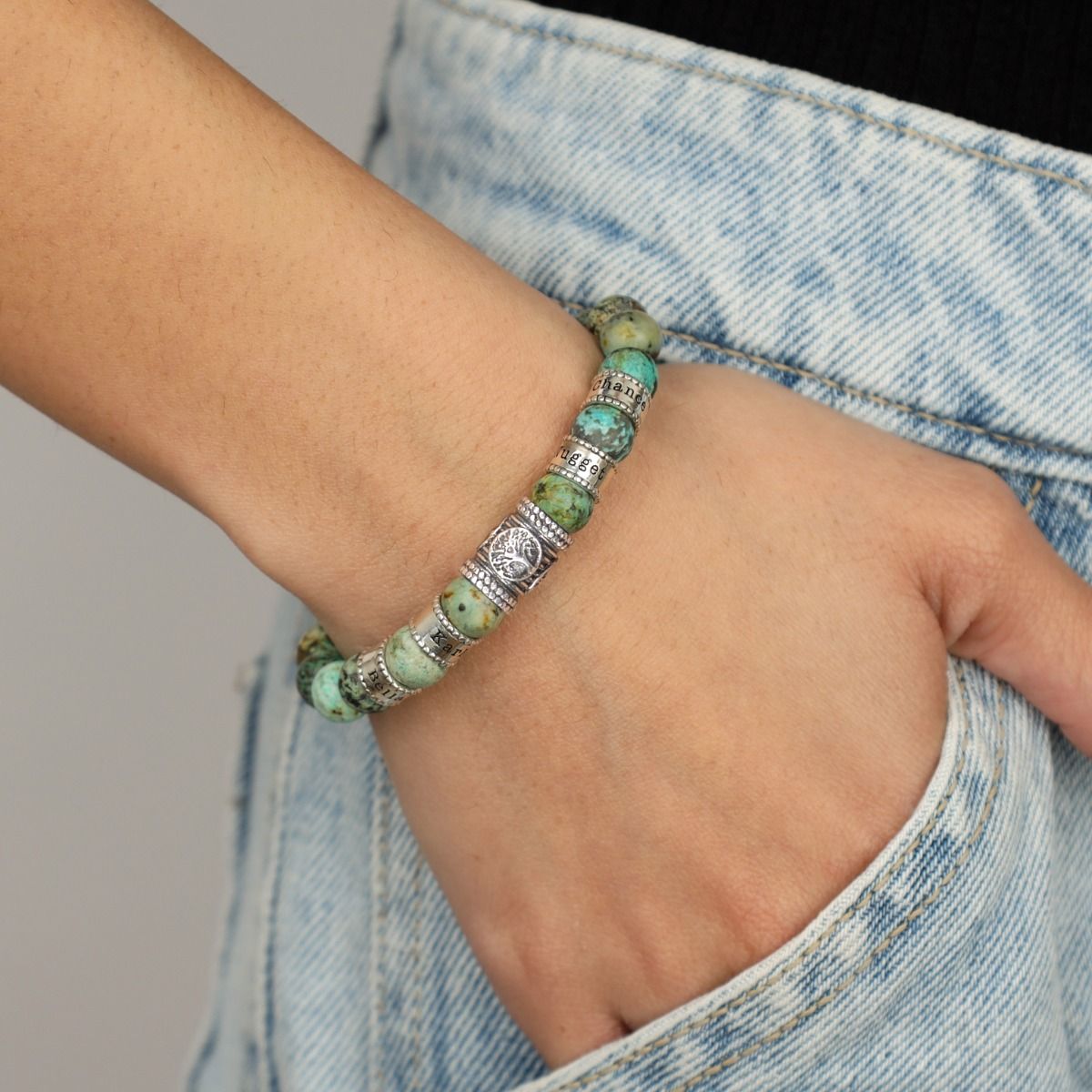 Stamboom Vrouwen Naam Armband Met Turkoois Stenen [Sterling Zilver]