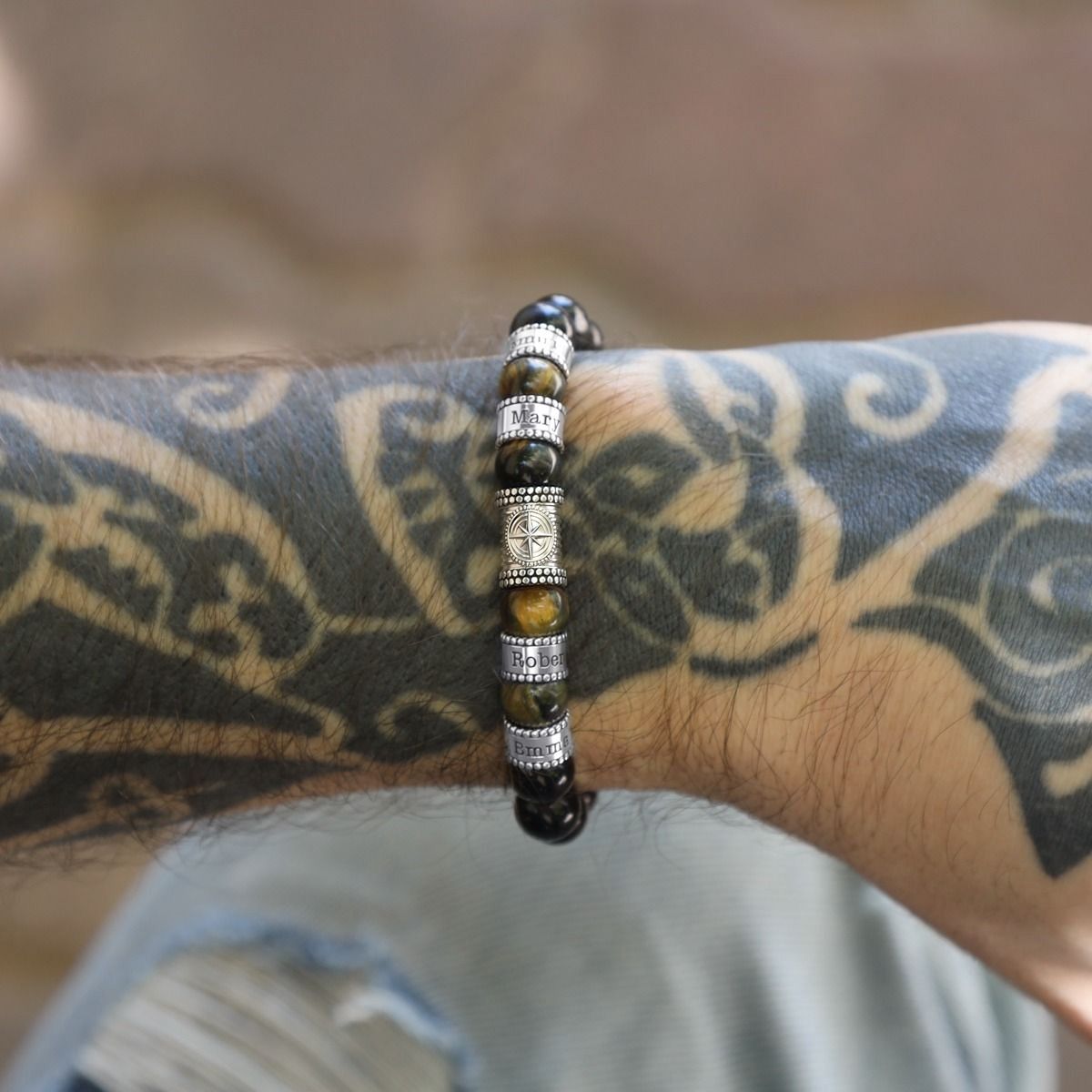 Compass Men Name Bracelet with Green Tiger Eye Stones 