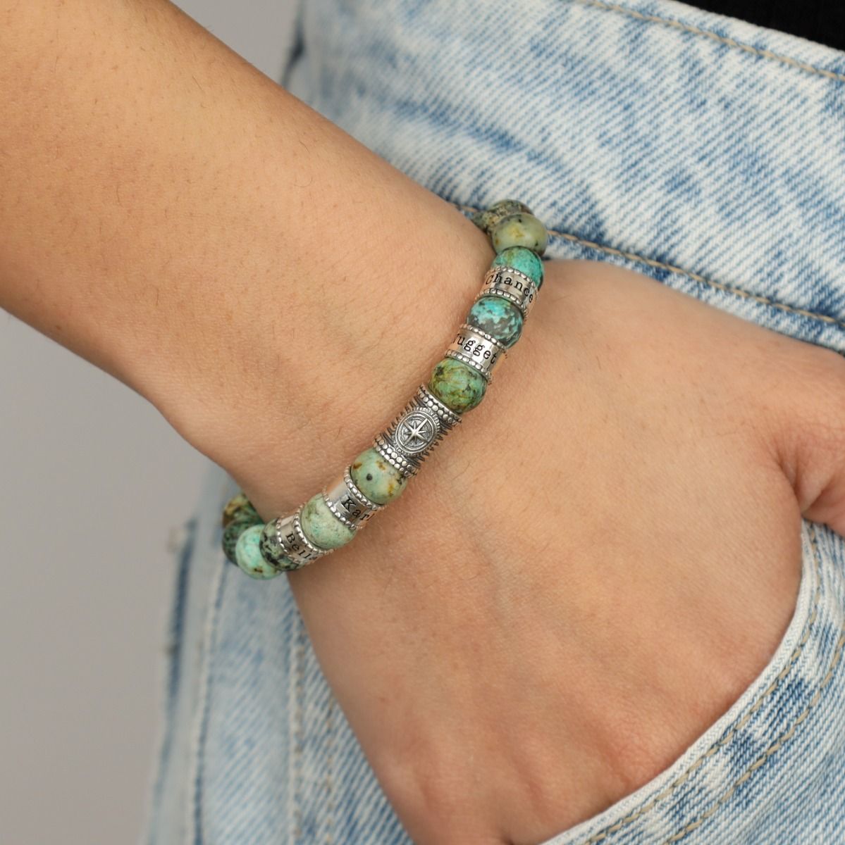 Kompass Damenarmband aus Türkis mit Gravur [Sterlingsilber]