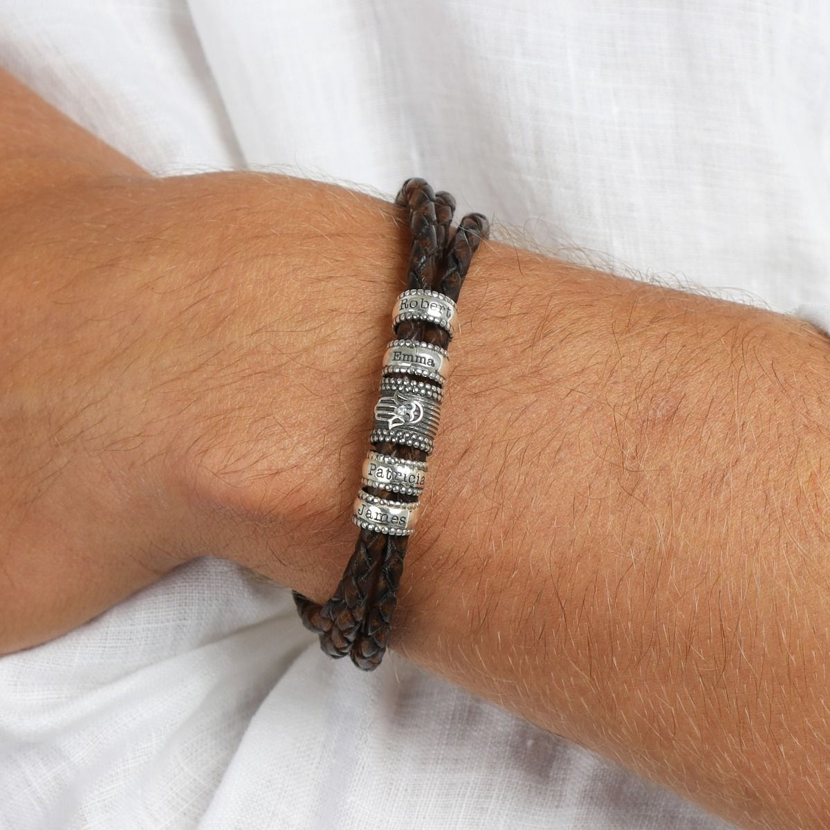 Hamsa Men Name Bracelet in Silver [Brown Leather]