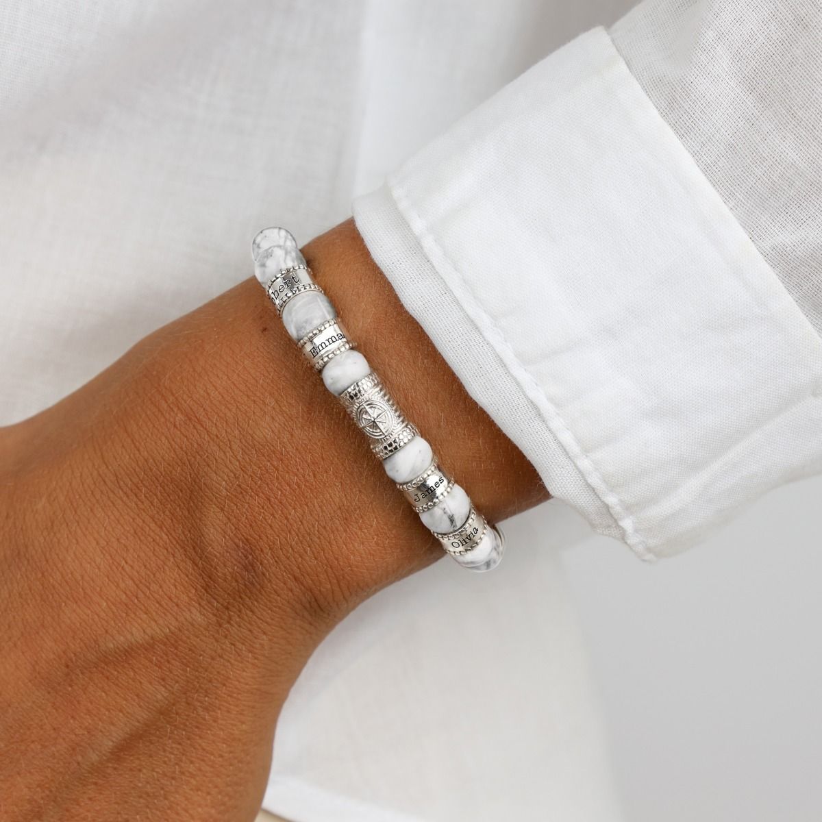 Compass Women Name Bracelet With Howlite Stones [Silver]
