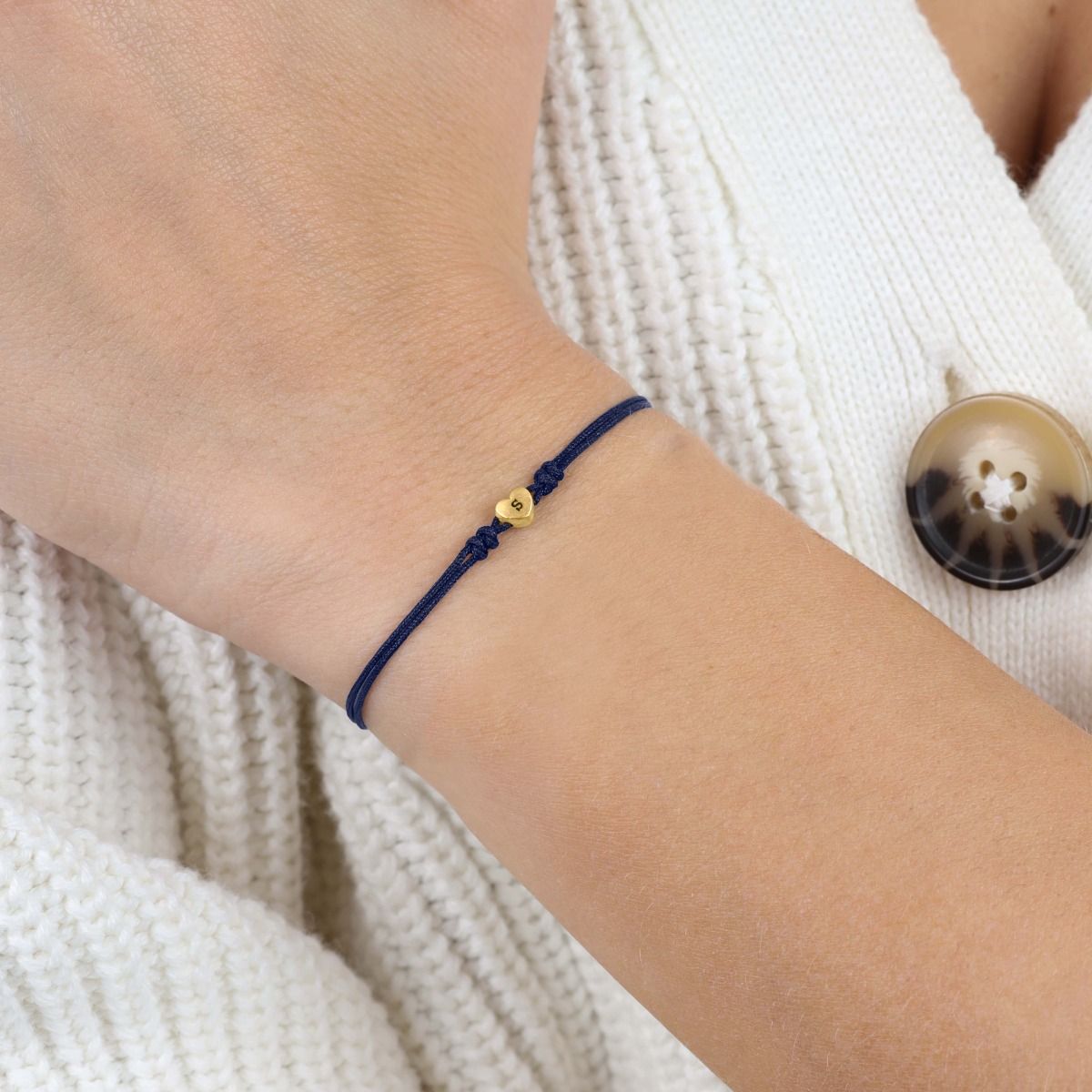 Ties of Heart Initial Bracelet - Blue Cord [14 Karat Gold]