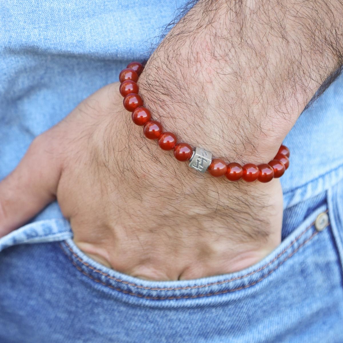 Bracelet en Pierre Boule de Cornaline 6mm et Coeur en Argent 925