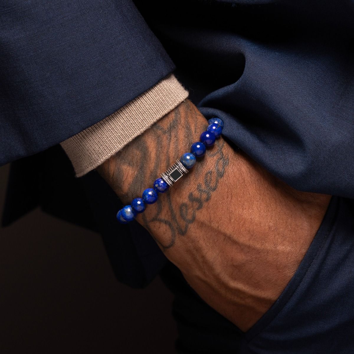 Lapis Lazuli Men Bracelet with Nano Bible [Sterling Silver]