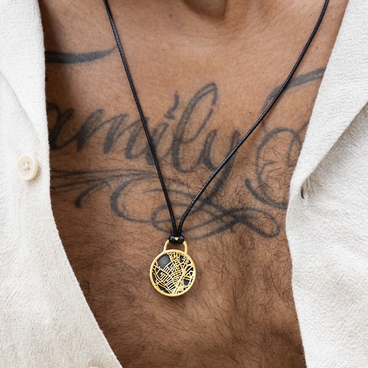 Navigator's Map Men Necklace - 18K Gold Plated / Black Cord