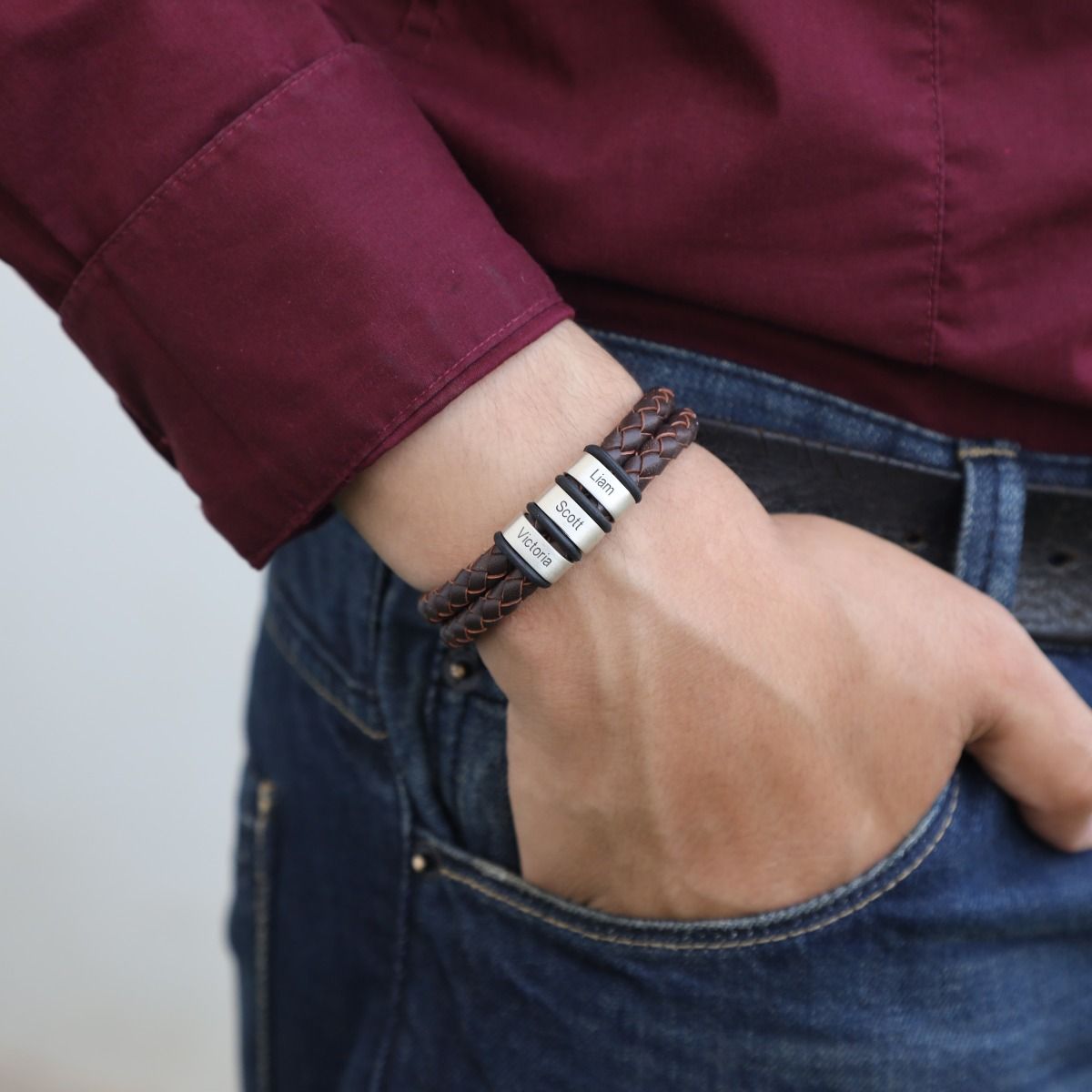 Double Layer Men Name Bracelet - Brown Leather